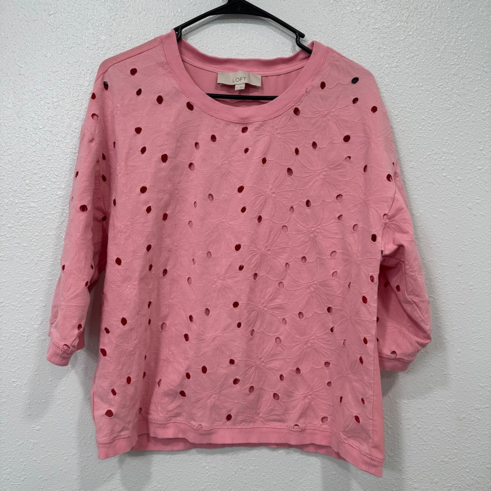 LOFT Pink Eyelet‎ Floral Crew Neck 3/4 Sleeve Sweatshirt Top Women's M
